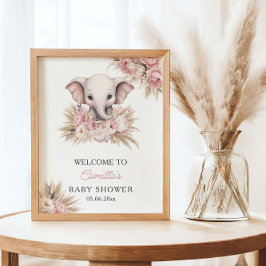 Póster Bienvenida a Baby Shower del elefante rosado Chica