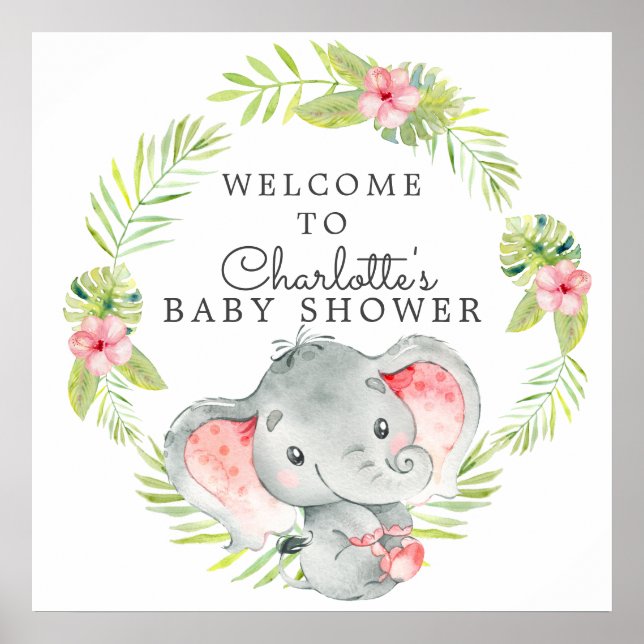 Póster Bienvenida a Baby Shower del Elephant Chica de la  (Frente)