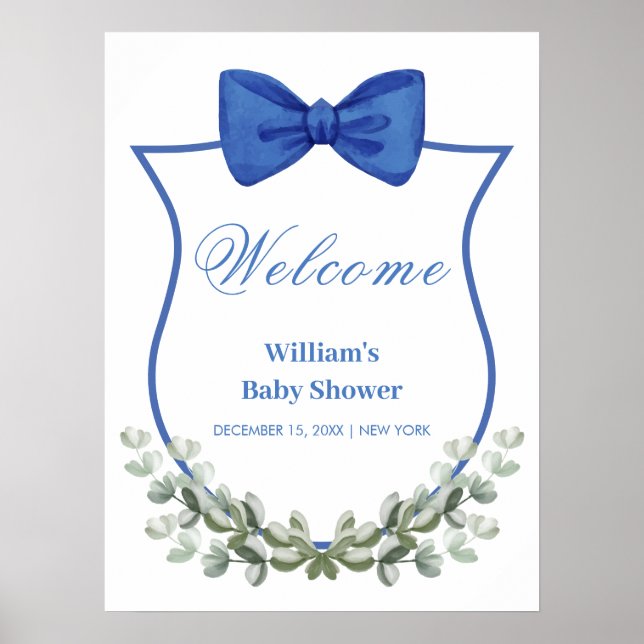 Póster Bienvenida a Baby Shower del Escudo Blue Bow Eucal (Frente)