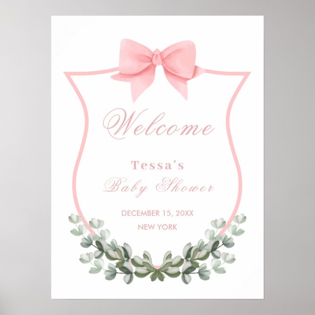 Póster Bienvenida a Baby Shower del Escudo Eucalyptus Bow (Frente)