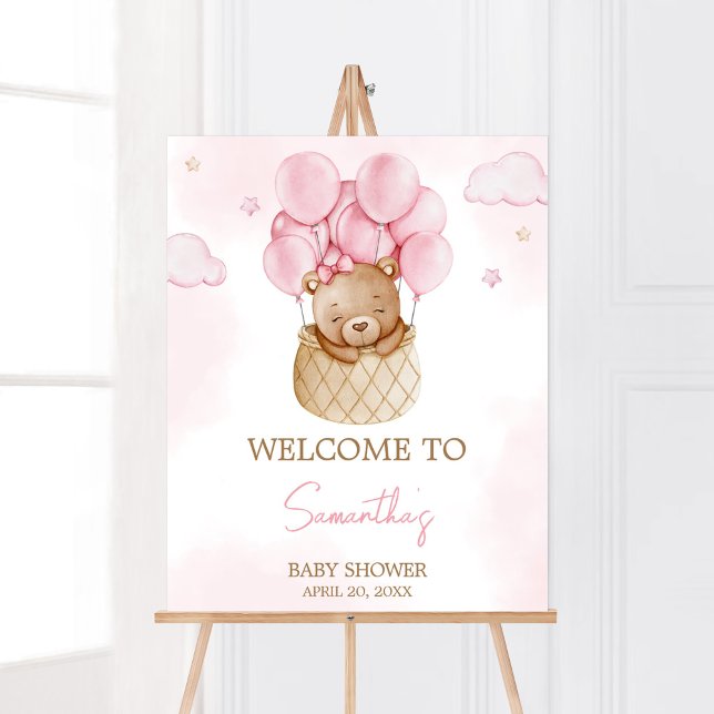 Póster Bienvenida a Baby Shower del globo aerostático chi (Pink Boho Baby Bear Baby Shower Welcome Sign)