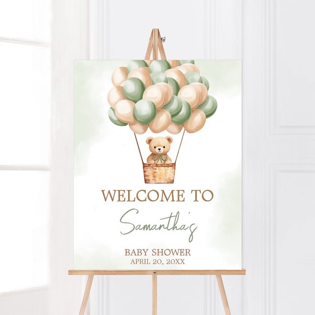 Póster Bienvenida a Baby Shower del globo aerostático Gre (Gender Neutral Baby Bear Balloons Baby Shower Welcome Sign)