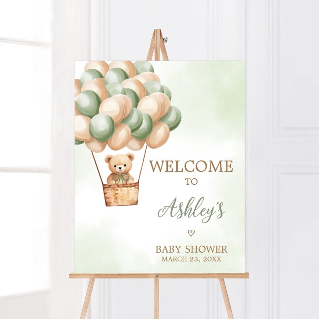 Póster Bienvenida a Baby Shower del globo aerostático Gre (Boho Green Bear Baby Shower Welcome Sign)