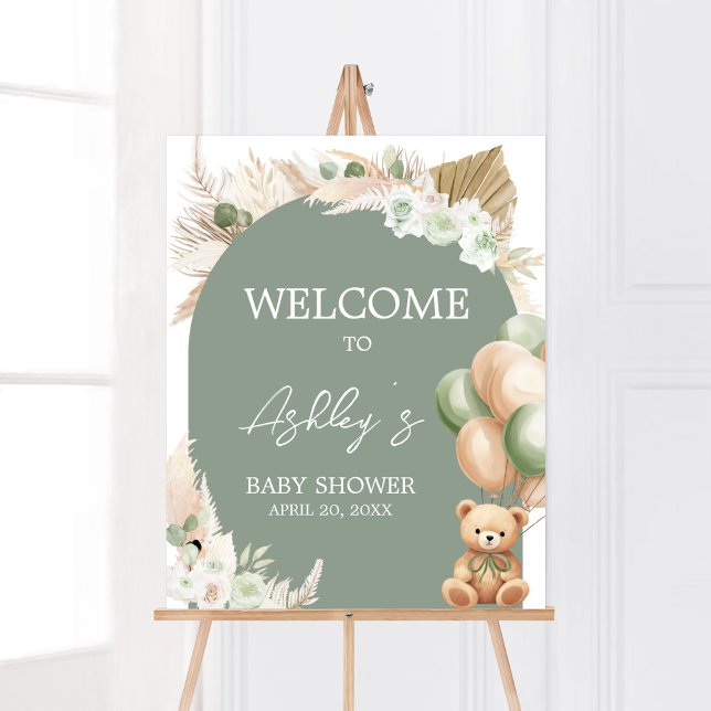Póster Bienvenida a Baby Shower del Globo de Oso Verde (Sage Green Balloons Baby Shower Welcome Sign)