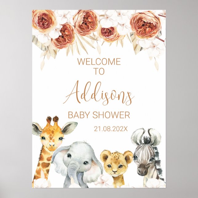 Póster Bienvenida a Baby Shower del Naranja quemado Flora (Frente)
