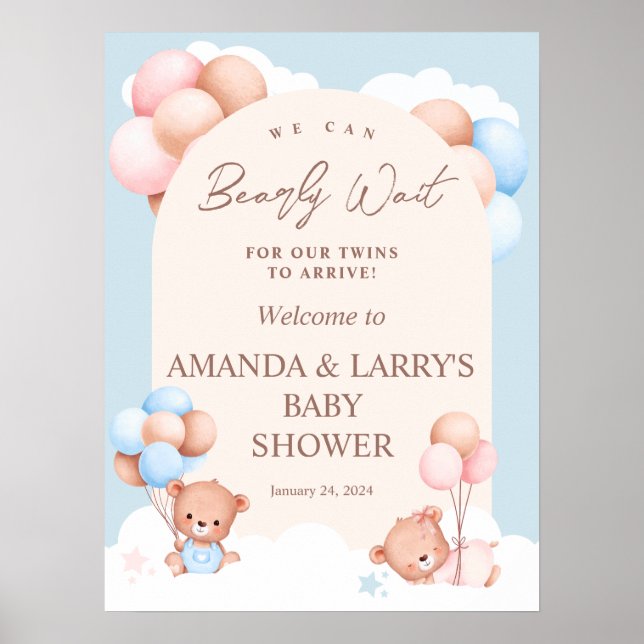Póster Bienvenida a Baby Shower del niño Chica Twins Tedd (Frente)