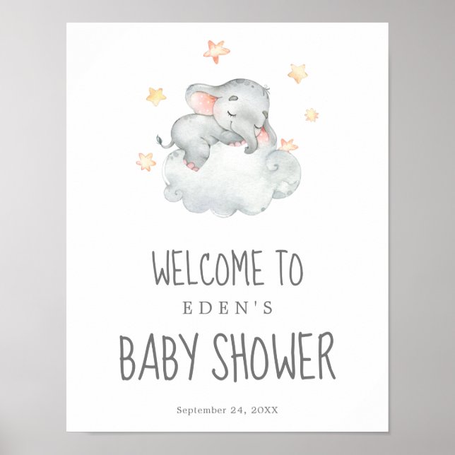 Póster Bienvenida a Baby Shower del pequeño elefante durm (Frente)