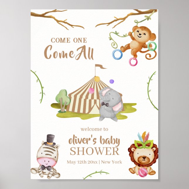 Póster Bienvenida a Baby Shower del Woodland Safari Anima (Frente)