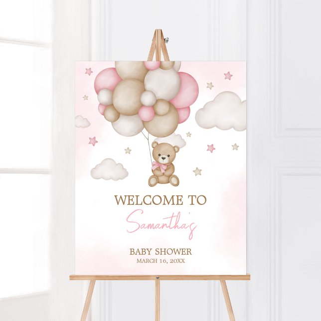 Póster Bienvenida a Baby Shower en globo de oso chica (Pink Boho Bear Balloon Baby Shower Welcome Sign)