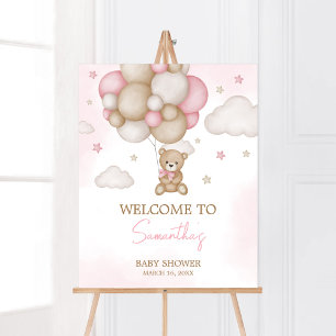 Póster Bienvenida a Baby Shower en globo de oso chica