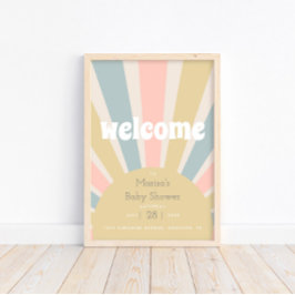 Póster Bienvenida a Baby Shower Groovy Baby Hippie Retro