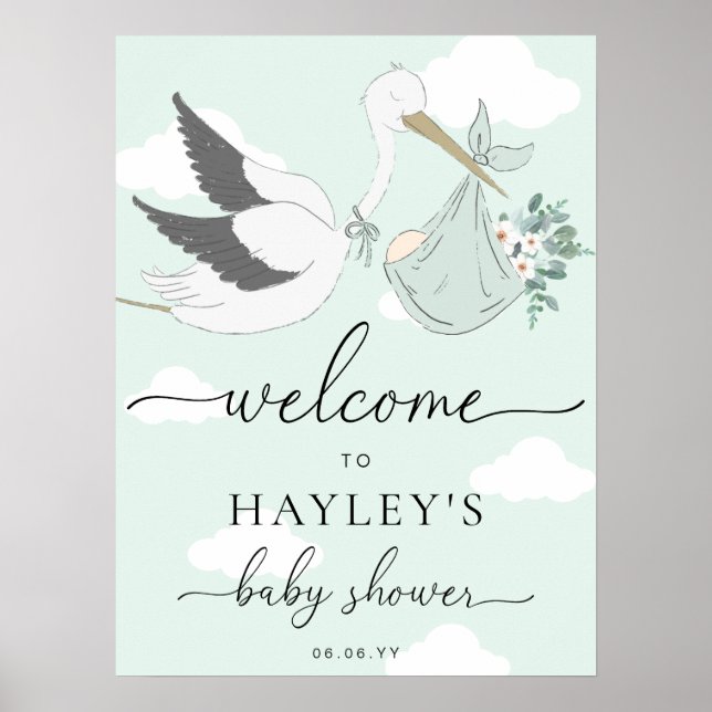 Póster Bienvenida a Baby Shower Mint Green Stork (Frente)