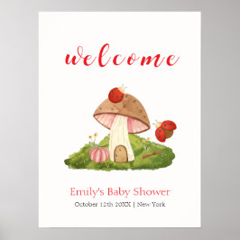 Póster Bienvenida a Baby Shower Woodland Ladybug Mushroom