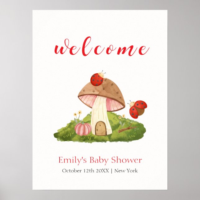 Póster Bienvenida a Baby Shower Woodland Ladybug Mushroom (Frente)