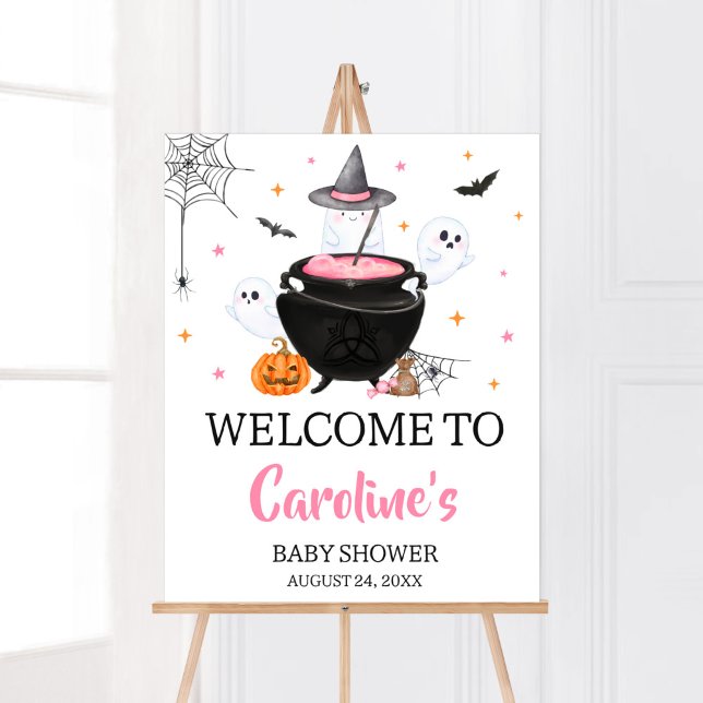 Póster Bienvenida a bebé de Halloween fantasma rosa (Baby is Brewing Baby Shower Welcome Sign)