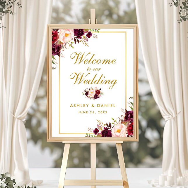 Póster Bienvenida a Boda acuarela Floral Burgundy Gold (Customize to change text color, text size, text style or size of poster.)