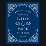 Póster Bienvenida a Boda Art Deco Azul de la Marina de Gu<br><div class="desc">Elegante y glamoroso cartel de bienvenida boda / poster inspirado en el estilo Art Deco vintage y los años 2009. El diseño presenta un esquema de color azul marino y platino plata / gris,  marco decorativo ornamental y texto monograma personalizado. El fondo azul marino se puede personalizar.</div>