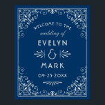 Póster Bienvenida a Boda Art Deco Azul de la Marina de Gu<br><div class="desc">Elegante y glamoroso cartel de bienvenida boda / poster inspirado en el estilo Art Deco vintage y los años 2009. El diseño presenta un esquema de color azul marino y platino plata / gris,  marco decorativo ornamental y texto monograma personalizado. El fondo azul marino se puede personalizar.</div>