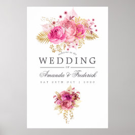 Póster Bienvenida a Boda de acuarela de Rosas rosados y d