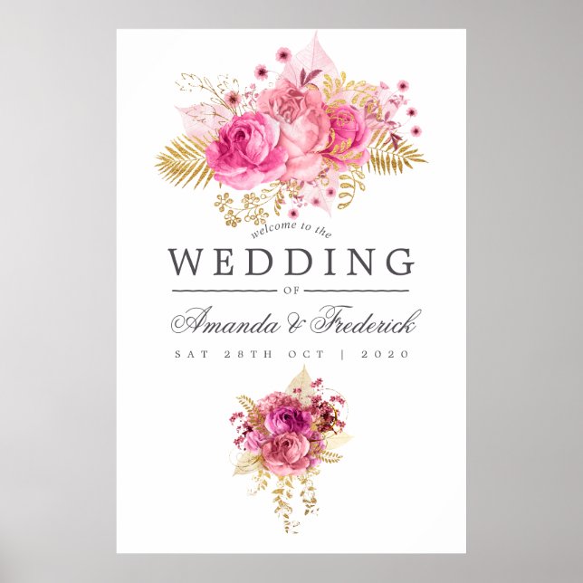 Póster Bienvenida a Boda de acuarela de Rosas rosados y d (Frente)