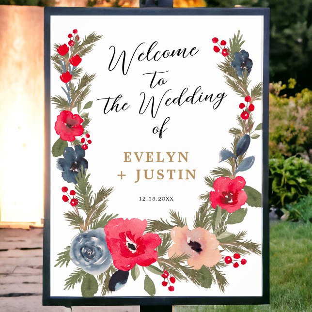 Póster Bienvenida a Boda de acuarela floral de invierno r (Rustic Winter Floral Watercolor Wedding Welcome Poster)