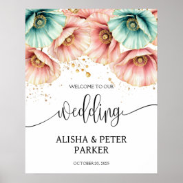 Póster Bienvenida a Boda de acuarela rosa y azul