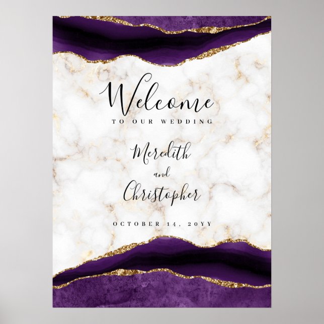 Póster Bienvenida a Boda de Agate Purple Agate de Mármol  (Frente)