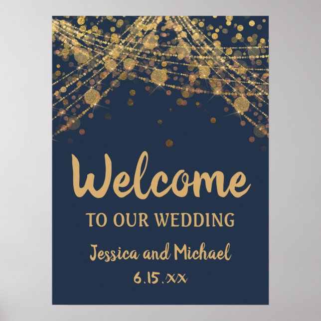 Póster Bienvenida a Boda de Bokeh, Navy Blue Gold String (Frente)