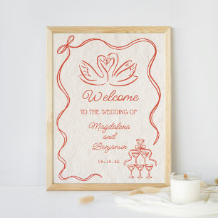 Póster Bienvenida a Boda de cisnes Naranjas con mano vent