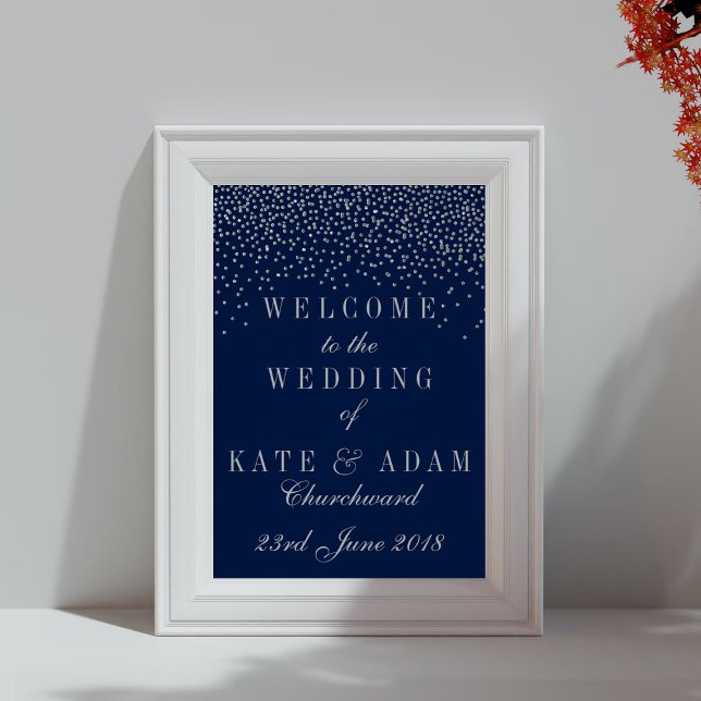 Póster Bienvenida a Boda de Confetti Azul y Glam Plata (Subido por el creador)