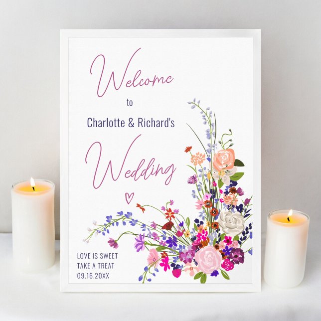 Póster Bienvenida a boda de escritura de flores silvestre (Modern wild flowers script wedding welcome poster)
