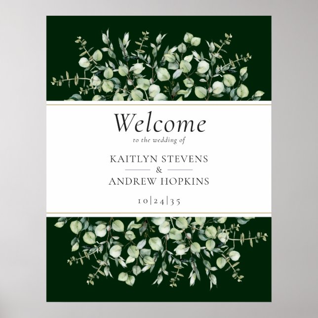 Póster Bienvenida a Boda de Eucalipto Verde oscuro (Frente)