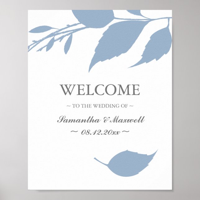 Póster Bienvenida a Boda de Fall Foliage Dusty Blue Leave (Frente)