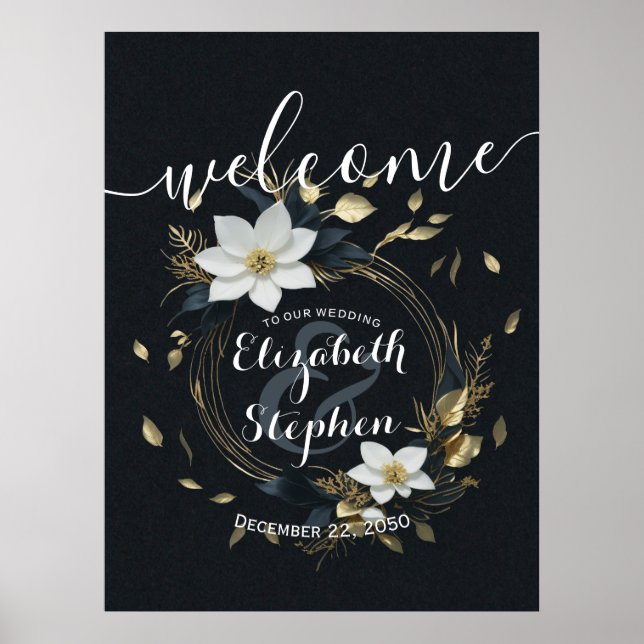 Póster Bienvenida a Boda de flores de oro blanco negro (Frente)