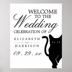 Póster Bienvenida a Boda de gato negro moderno y capricho