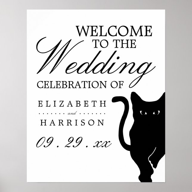 Póster Bienvenida a Boda de gato negro moderno y capricho (Frente)