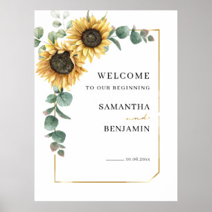 Póster Bienvenida a Boda de girasol floral Eucalyptus