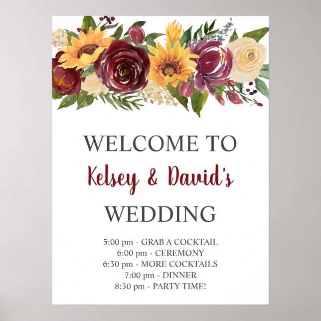 Póster Bienvenida a Boda de girasoles amarillos florales  (Frente)