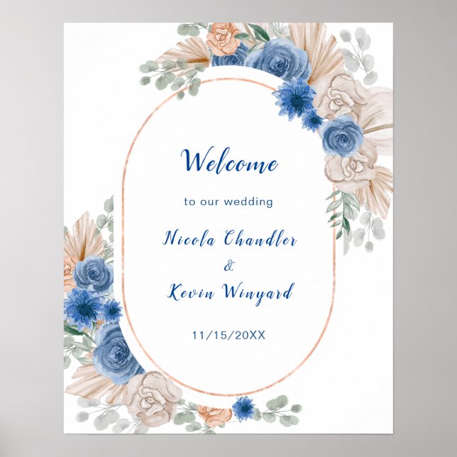 Póster Bienvenida a Boda de Grass Boho Blue Pampas (Frente)