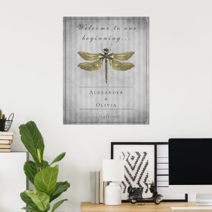 Póster Bienvenida a Boda de la libélula con joyas de oro
