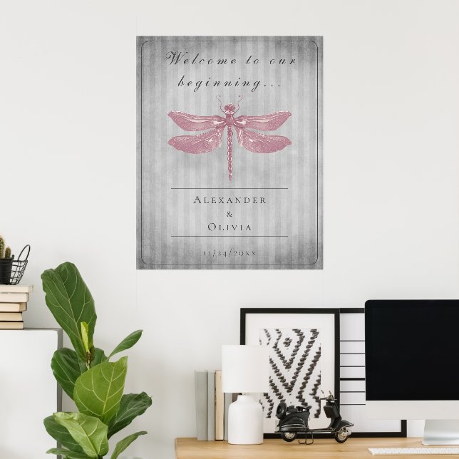 Póster Bienvenida a Boda de la libélula guiñada rosa (Oficina en casa)