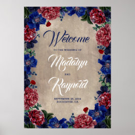 Póster Bienvenida a Boda de la Marina y Borgoña Floral Rú