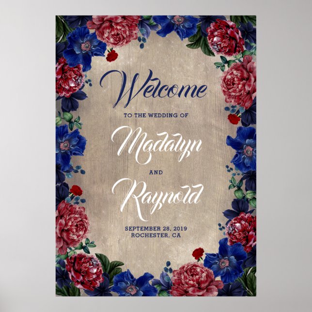 Póster Bienvenida a Boda de la Marina y Borgoña Floral Rú (Frente)