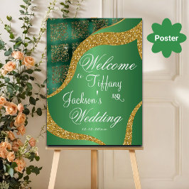 Póster Bienvenida a Boda de metal verde Purpurina de oro