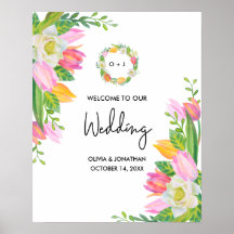 Bienvenida a Boda de monograma tulipano rosa de co