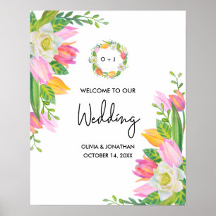 Póster Bienvenida a Boda de monograma tulipano rosa de co