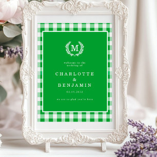 Póster Bienvenida a Boda de Monograma Verde Gingham Monog