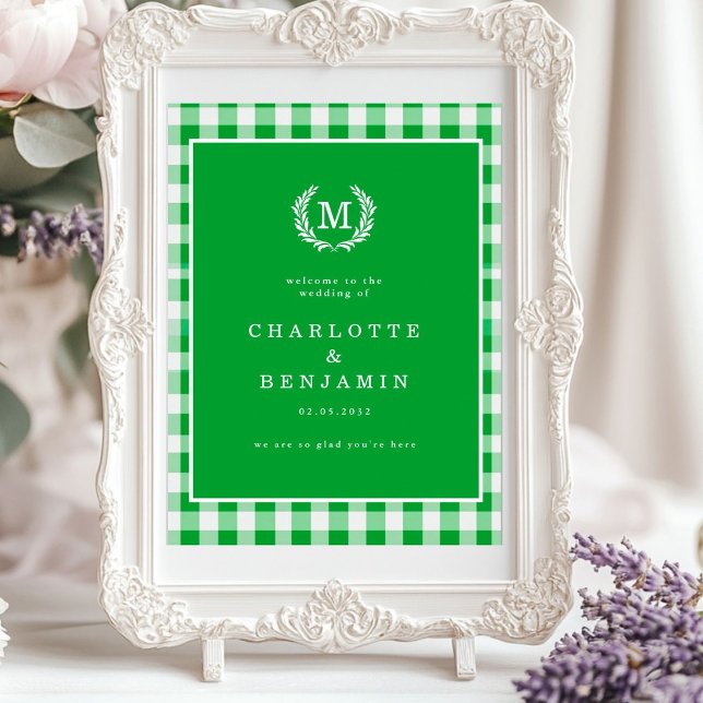 Póster Bienvenida a Boda de Monograma Verde Gingham Monog (Green Gingham Monogram Crest Wedding Welcome Poster)