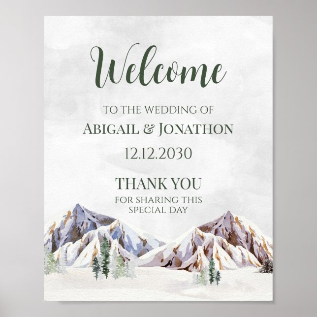 Póster Bienvenida a Boda de Montaña de Invierno Rústica (Frente)