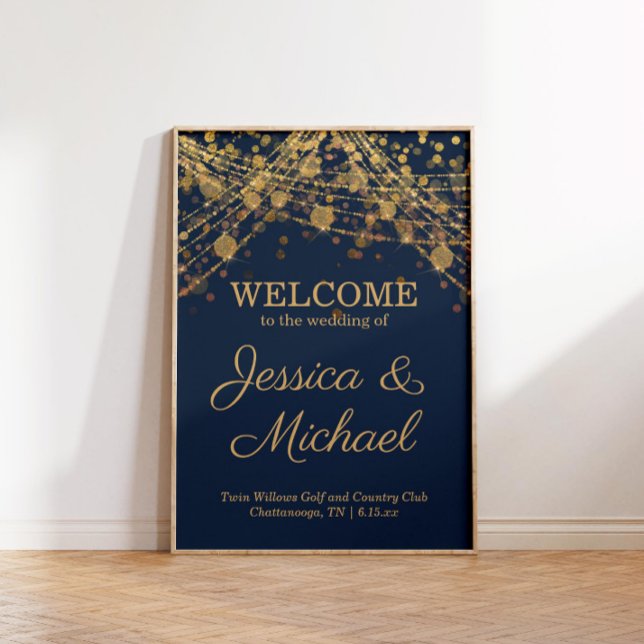 Póster Bienvenida a Boda de oro azul de la Marina Rustica (Rustic glam navy blue and gold string light wedding welcome poster)